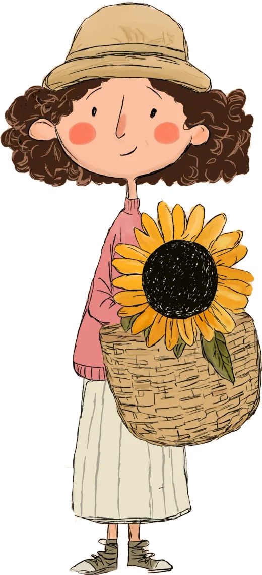 Doğa, the Sunflower Days character, walking through the field