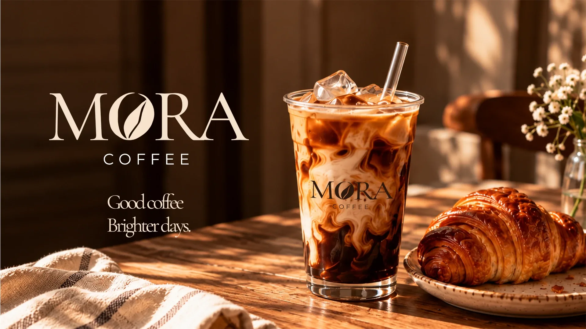 MORA Coffee logosu ve “Good coffee, Brighter days.” yazısıyla buzlu latte ve kruvasan