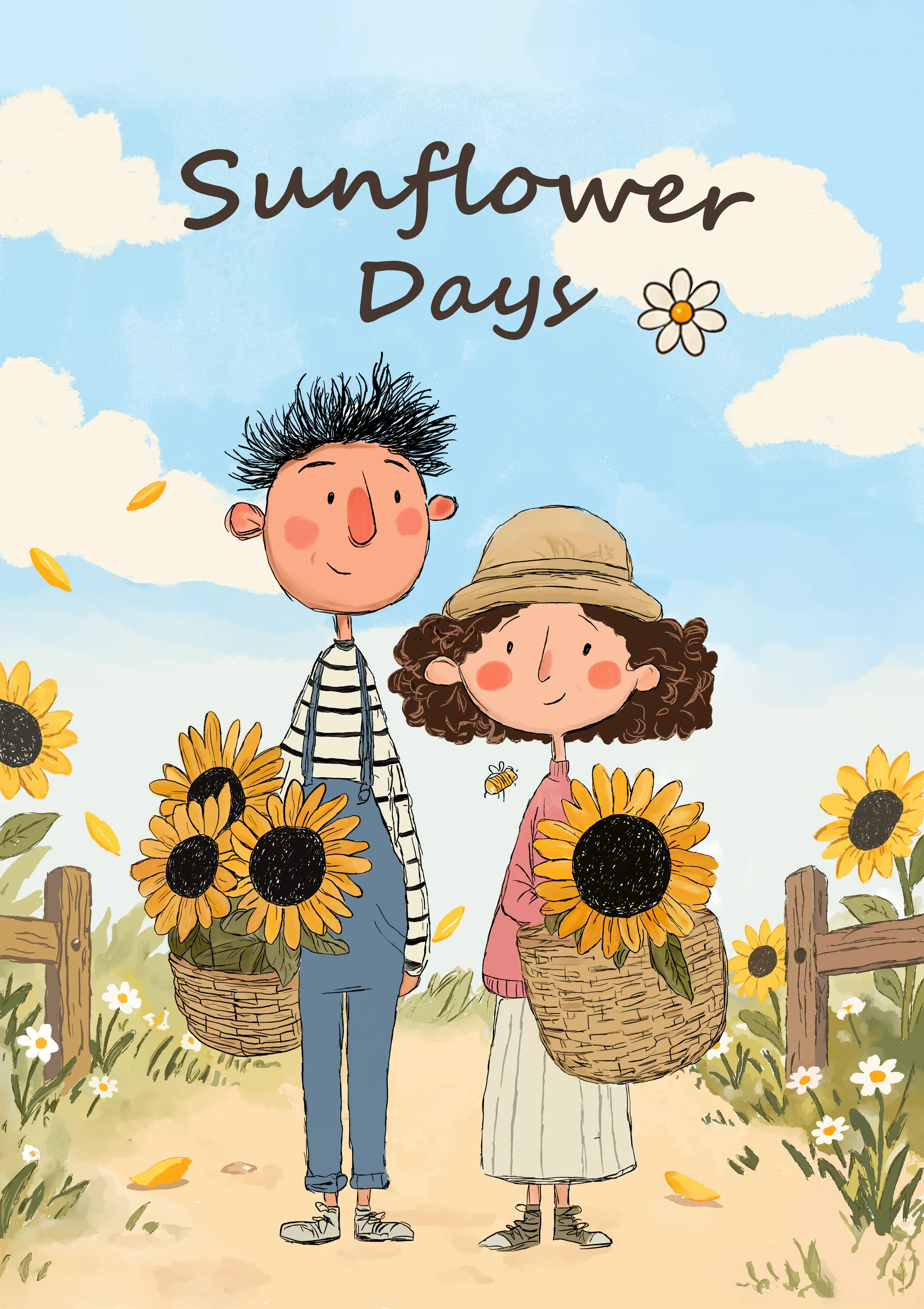 “Sunflower Days” kapağı; ellerinde ayçiçekleriyle yan yana iki çocuk