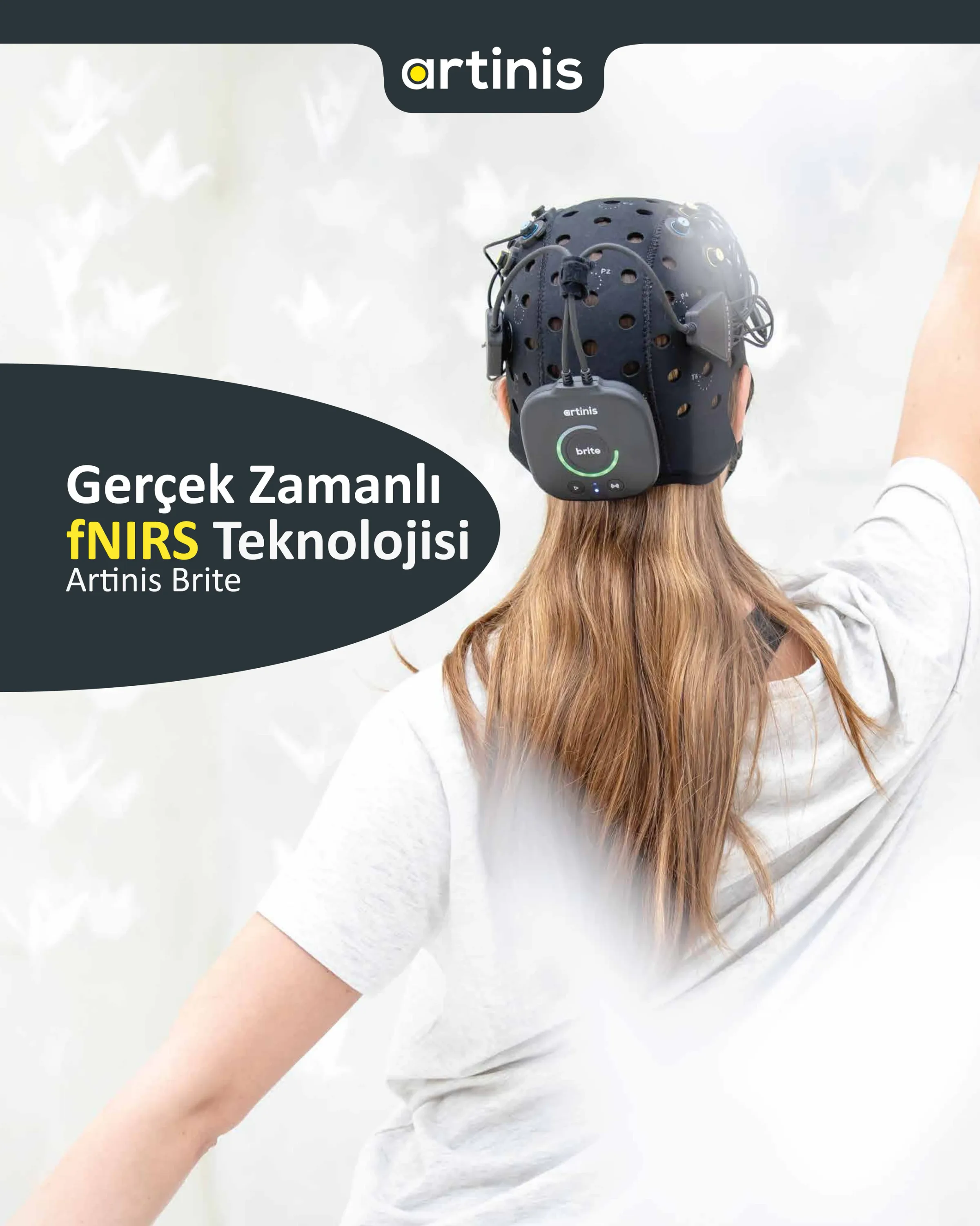 “Gerçek Zamanlı fNIRS Teknolojisi” yazılı Instagram postu; başlık takmış bir kadın